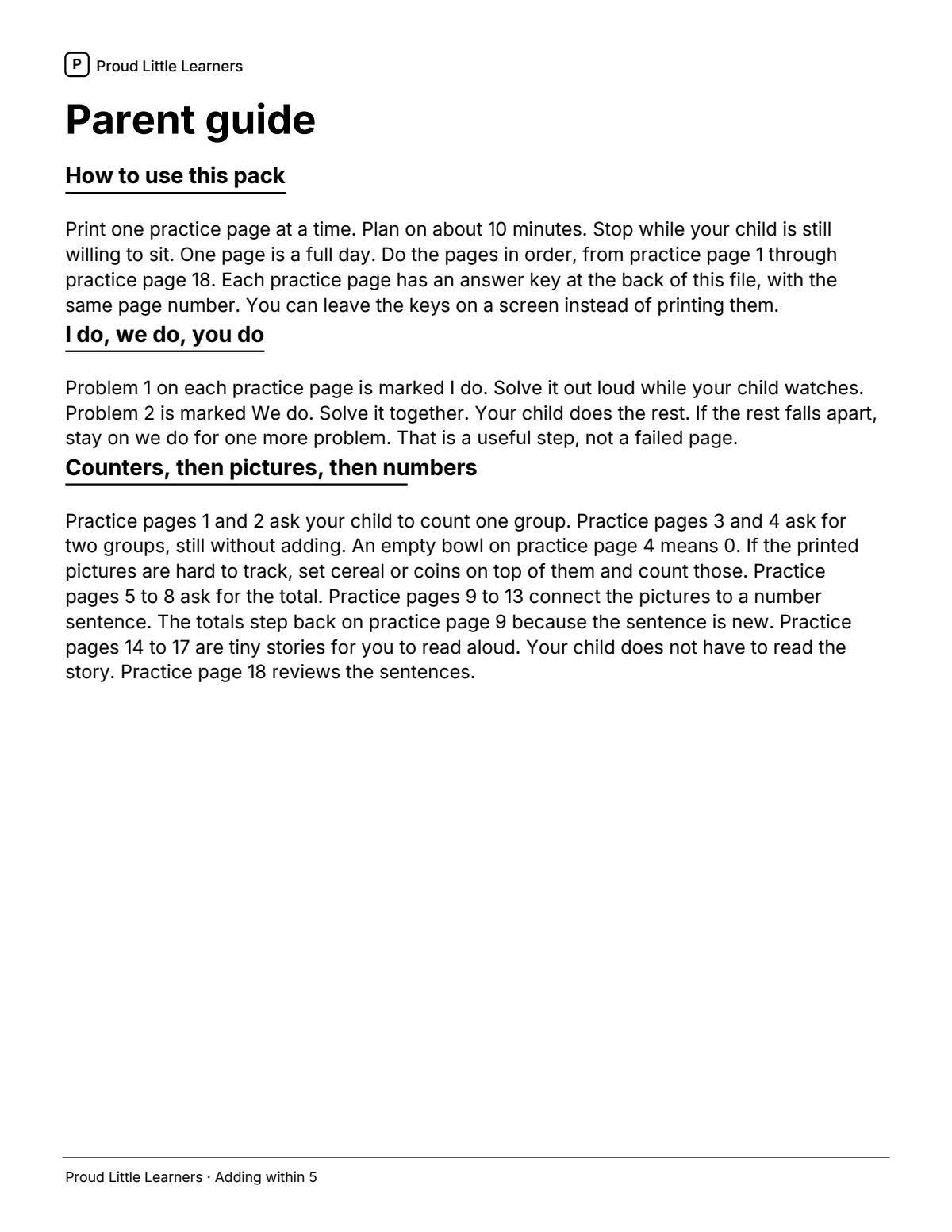 Parent guide from Beginner: Adding within 5