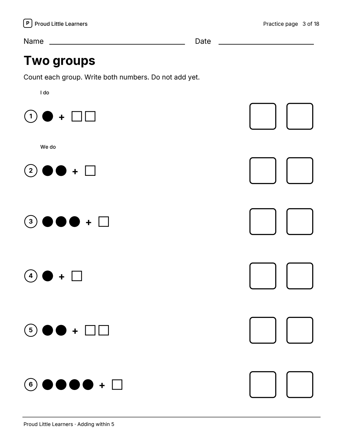 Practice page from Beginner: Adding within 5. Count two groups.